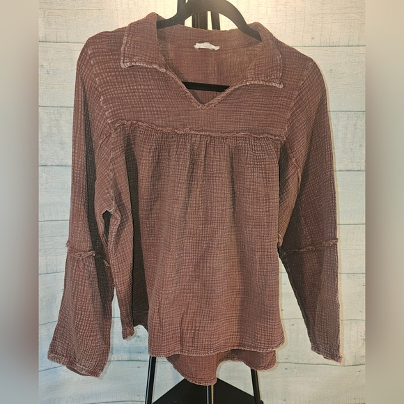 easel Tops - Easel Burgundy Gauze Long Sleeve Babydoll Collared Medium Top